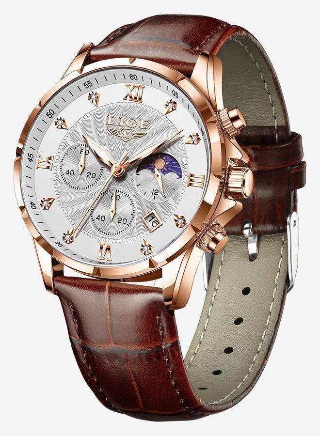 LIGE Classic Fashion Quartz Wristwatches Luxury Buiness Mens Watch 30M Waterproof Luminous Minutes Seconds Timing Moon Phase Date Display Leather Strap Watches Mens Gifts Gold - Image 2