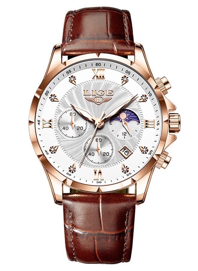 LIGE Classic Fashion Quartz Wristwatches Luxury Buiness Mens Watch 30M Waterproof Luminous Minutes Seconds Timing Moon Phase Date Display Leather Strap Watches Mens Gifts Gold - Image 3