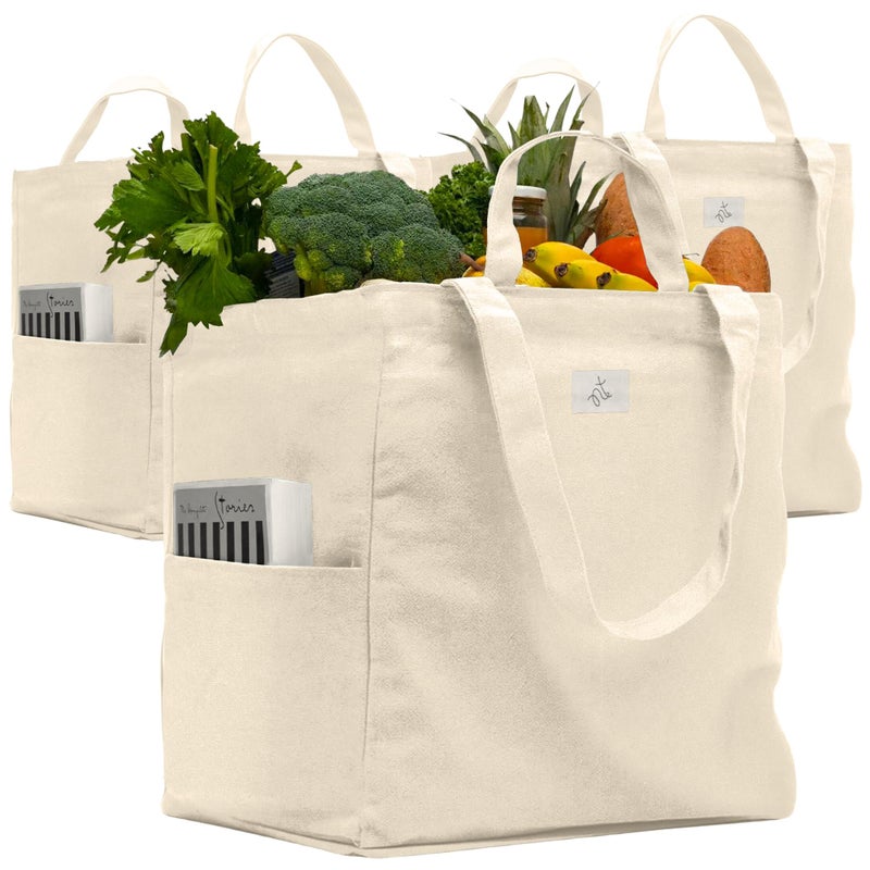 Nook Theory 3 Pcs Reusable Grocery Bags  Heavy Duty Canvas Bags Large Reusable Shopping Bag Picnic 100 Cotton Cream