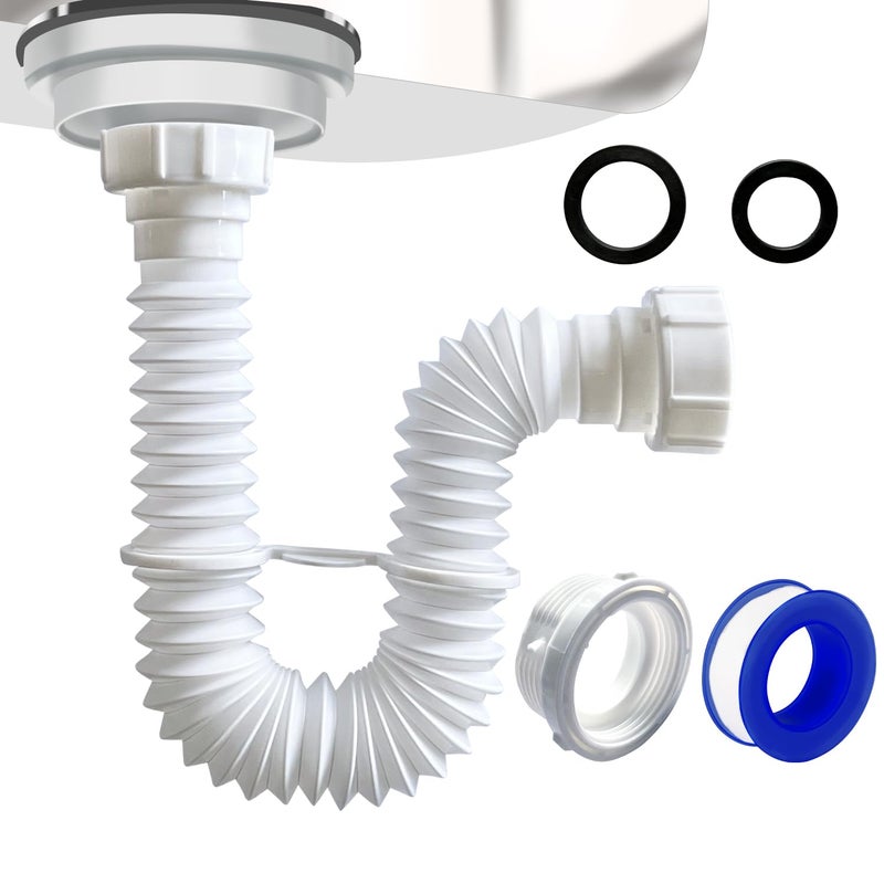 VIVIDA 112 Sink Drain Pipe Kit Flexible Drain Pipe P Trap 75177 Flexible P Trap Under Sink Plumbing for Bathroom Kitchen 114 Adapter Included 1 PACK