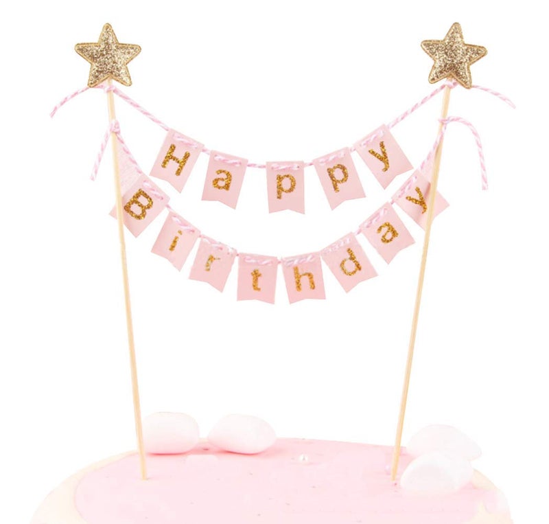 Happy Birthday Cake Topper Banner  Handmade Ivory Pennant Flag Banner Cake Topper with Wooden Polls  Perfect for cakes donut cakes cupcakes and more Pink