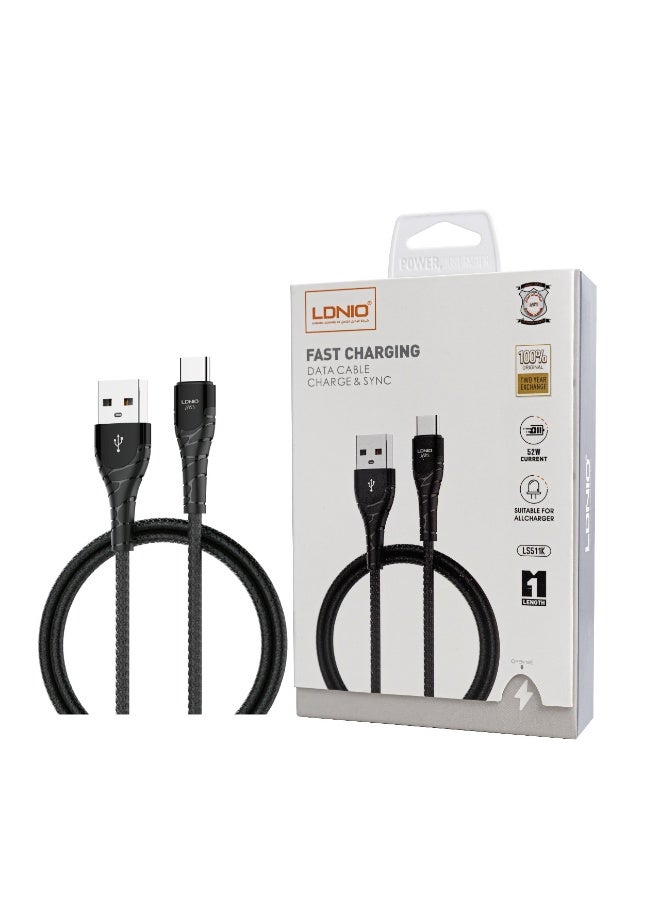 لدنيو كيبل شحن تايب سي ونقل بيانات LDNIO LS511K بقوة 52 واط – USB إلى Type-C بطول 1 متر - Image 2