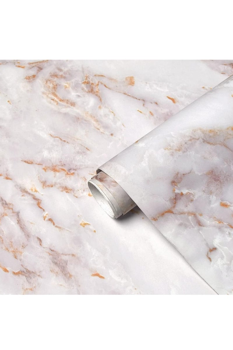 GUDOO ورق اتصال رخامي للأسطح: ورق جدران رخامي غير لامع قابل للتقشير واللصق، قابل للإزالة وذاتي اللصق، مصنوع من فيلم الفينيل الجرانيت المقاوم للماء، حجم اللفافة 15.7 × 118 بوصة، سميك وسهل التنظيف والتركيب، باللون الأبيض/الذهبي. - Image 1