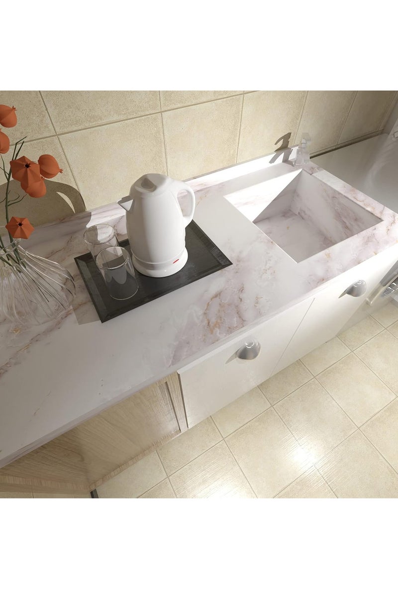 GUDOO ورق اتصال رخامي للأسطح: ورق جدران رخامي غير لامع قابل للتقشير واللصق، قابل للإزالة وذاتي اللصق، مصنوع من فيلم الفينيل الجرانيت المقاوم للماء، حجم اللفافة 15.7 × 118 بوصة، سميك وسهل التنظيف والتركيب، باللون الأبيض/الذهبي. - Image 3