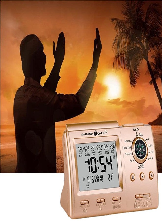 Hitopin Muslim Azan Table Clock,Azan Athan Prayer Clock, Azan Alarm Clock, Gold Color Complete Azan for All Prayers Qibla Direction - Image 4