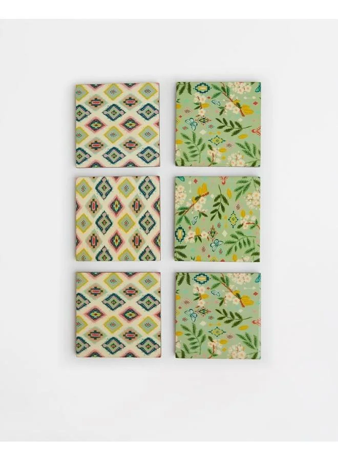 Chumbak Farmhouse Coasters -Farm Garden, Green, Ikkat, Set of 6, 4” x 4”