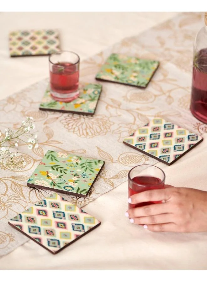 Chumbak Farmhouse Coasters -Farm Garden, Green, Ikkat, Set of 6, 4” x 4”