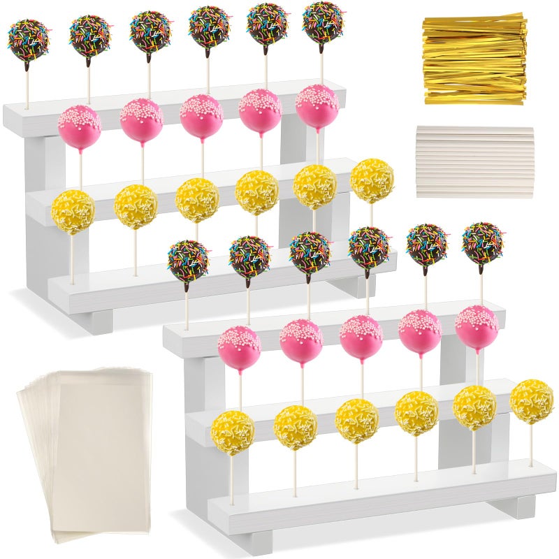 2 Pack Wood Cake Pop Stands Sucker Display 3 Tier Lollipop Holders with 100 Treats Bags 100 Lollipop Sticks 100 Gold Twist Ties for Dessert Table of Wedding Baby Shower Birthday Party Wood
