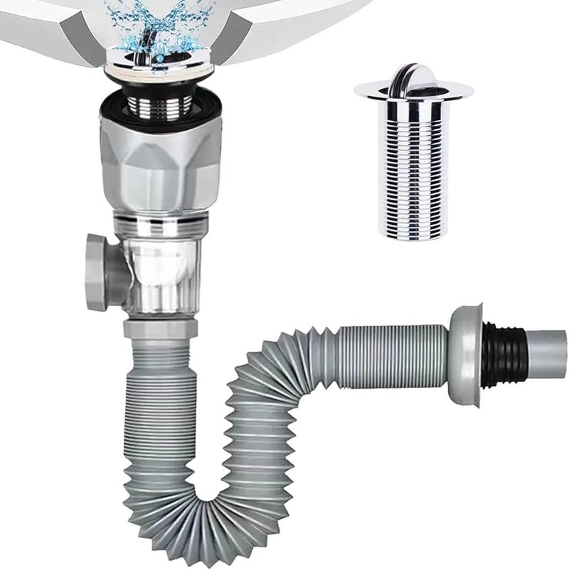 Aspeona Bathroom Sink Drain Kit Flexible Expandable PTrap Pipe Drain Hole Snappy Trap with Builtin AntiClogging Stopper AntiOdor Grey - Image 1