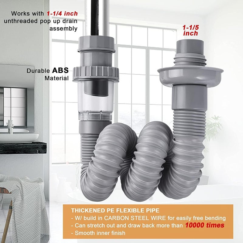 Aspeona Bathroom Sink Drain Kit Flexible Expandable PTrap Pipe Drain Hole Snappy Trap with Builtin AntiClogging Stopper AntiOdor Grey - Image 4