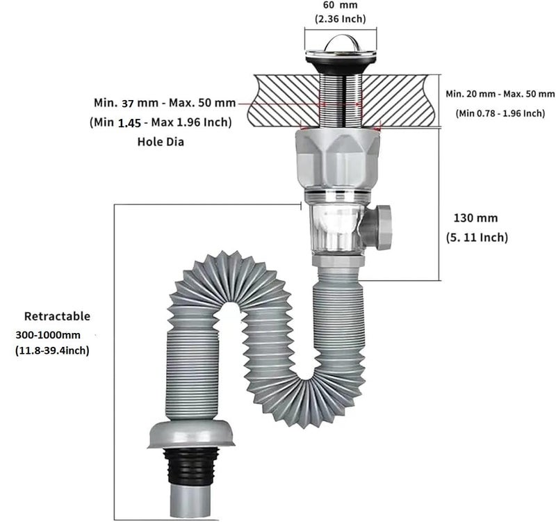 Aspeona Bathroom Sink Drain Kit Flexible Expandable PTrap Pipe Drain Hole Snappy Trap with Builtin AntiClogging Stopper AntiOdor Grey - Image 2
