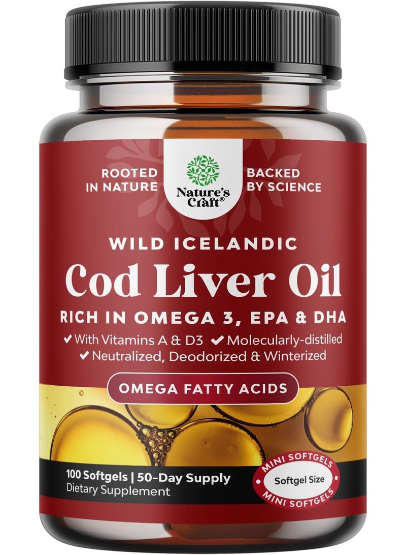 Natures Craft Wild Icelandic Cod Liver Oil, Omega-3,  EPA & DHA, 100 Softgels - Image 1