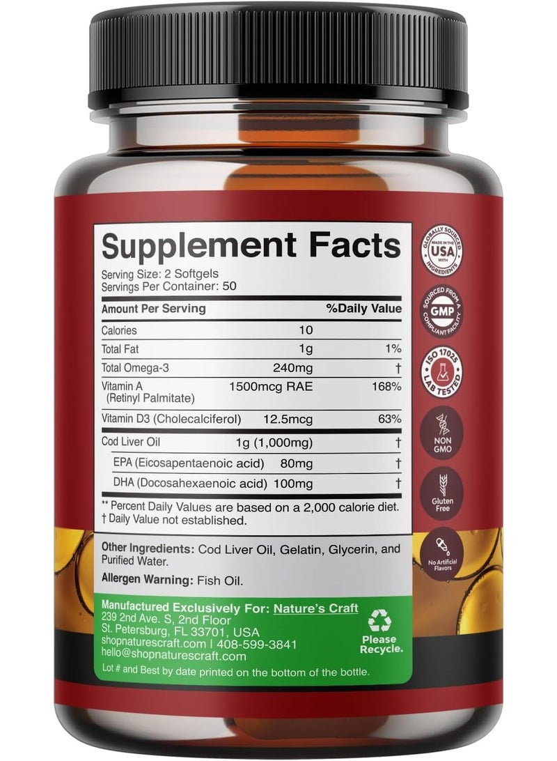 Natures Craft Wild Icelandic Cod Liver Oil, Omega-3,  EPA & DHA, 100 Softgels - Image 2