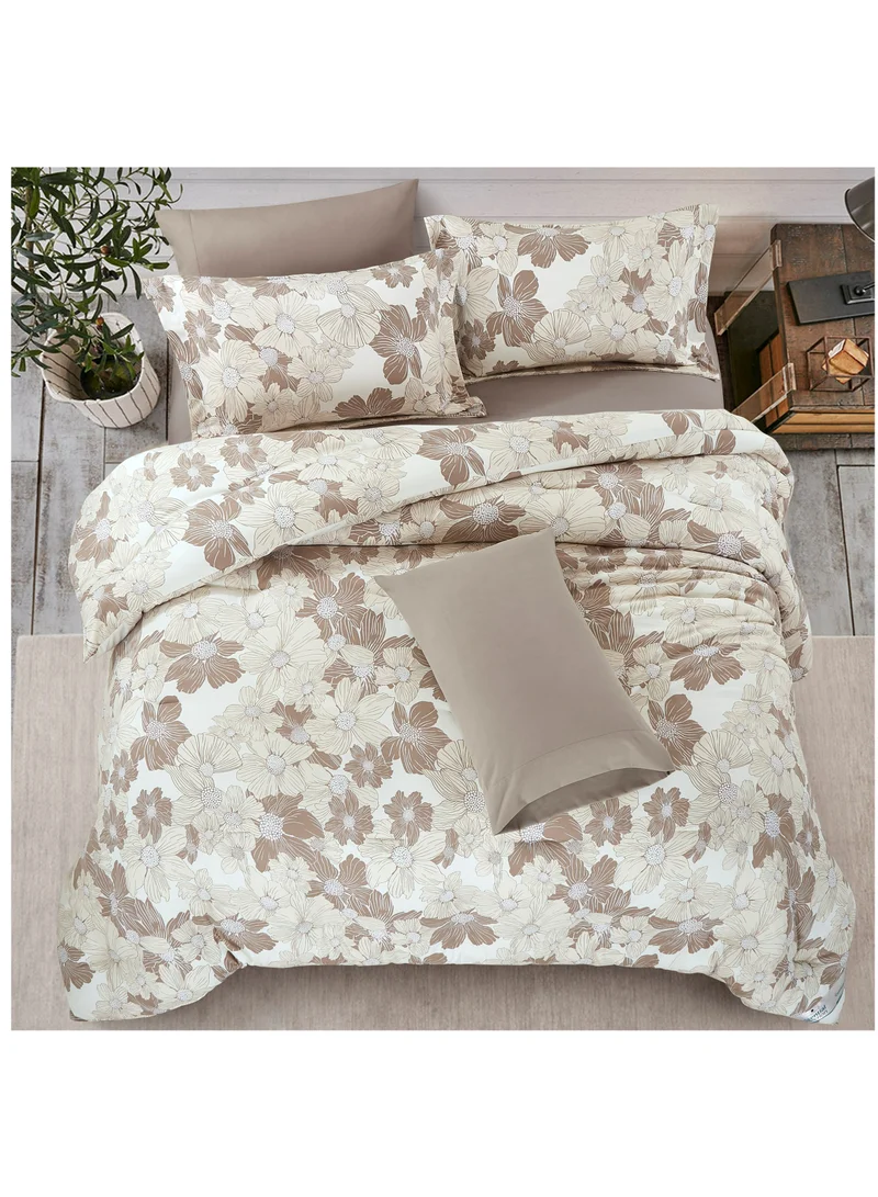 Donetella King Size 4-Pcs Fitted Sheet Set For Luxury Bedding With Floral Print Sheet And Pillowcase Set, Tan