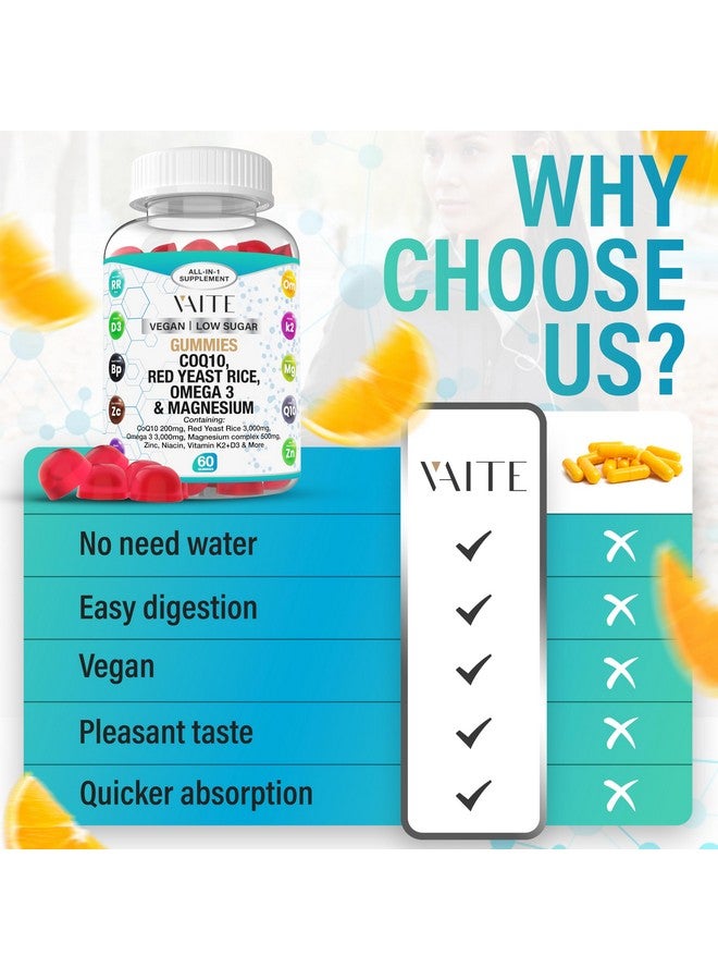 VAITE CoQ10 200mg Gummies with Red Yeast Rice & Magnesium Glycinate - Omega-3, Zinc, and Vitamin K2+D3 for Overall Health - Supplements for Adults - 60 Chewable Gummies - Image 5