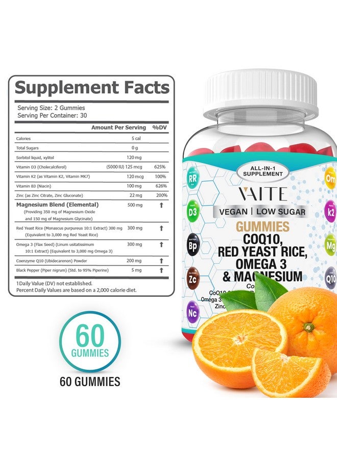 VAITE CoQ10 200mg Gummies with Red Yeast Rice & Magnesium Glycinate - Omega-3, Zinc, and Vitamin K2+D3 for Overall Health - Supplements for Adults - 60 Chewable Gummies - Image 3