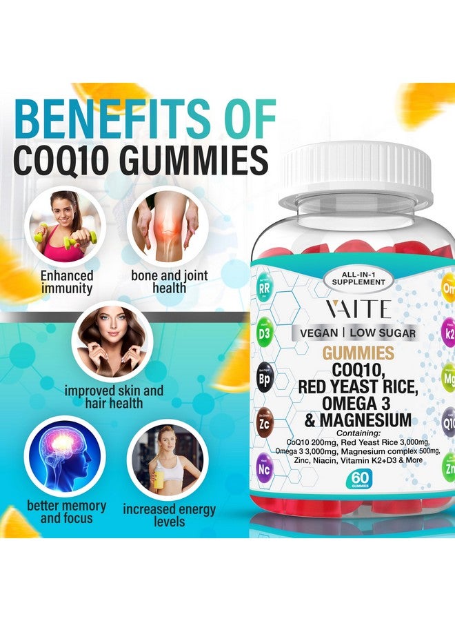 VAITE CoQ10 200mg Gummies with Red Yeast Rice & Magnesium Glycinate - Omega-3, Zinc, and Vitamin K2+D3 for Overall Health - Supplements for Adults - 60 Chewable Gummies - Image 2