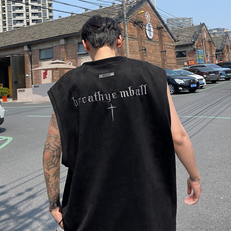 Suede crossbody vest mens summer new American high street sports waistcoat loose fashion embroidered sleeveless T-shirt Green - Image 3