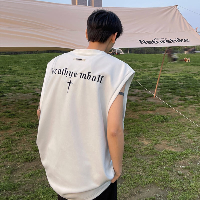Suede crossbody vest mens summer new American high street sports waistcoat loose fashion embroidered sleeveless T-shirt Green - Image 4