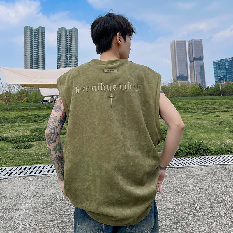 Suede crossbody vest mens summer new American high street sports waistcoat loose fashion embroidered sleeveless T-shirt Green - Image 1