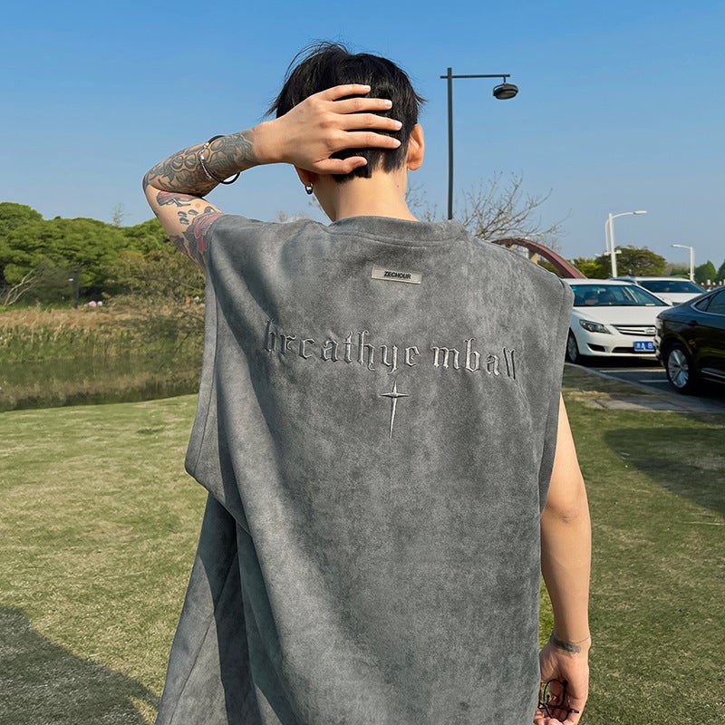 Suede crossbody vest mens summer new American high street sports waistcoat loose fashion embroidered sleeveless T-shirt Green - Image 2