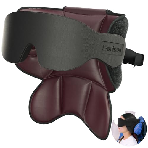 SARISUN Travel Pillows for Airplanes, Airplane Pillow with Sleep Eye Mask, 360° Support Headrest, Travel Essentials, Adjustable Airplane Head Strap for with/Out Headrest Seat, Brown Red - Image 1