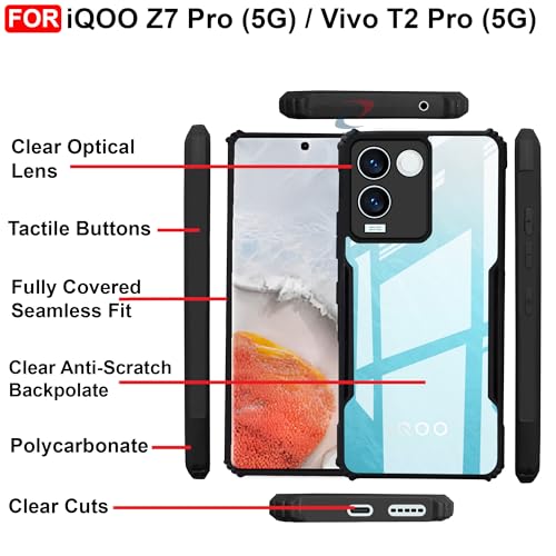 Cedo غطاء خلفي CEDO لهاتف iQOO Z7 Pro/Vivo T2 Pro (5G) | حماية الكاميرا مع حافة صدمية مقاومة للصدمات | حماية 360 درجة من TPU+PC مع غطاء خلفي شفاف من النسر (أسود) - Image 5