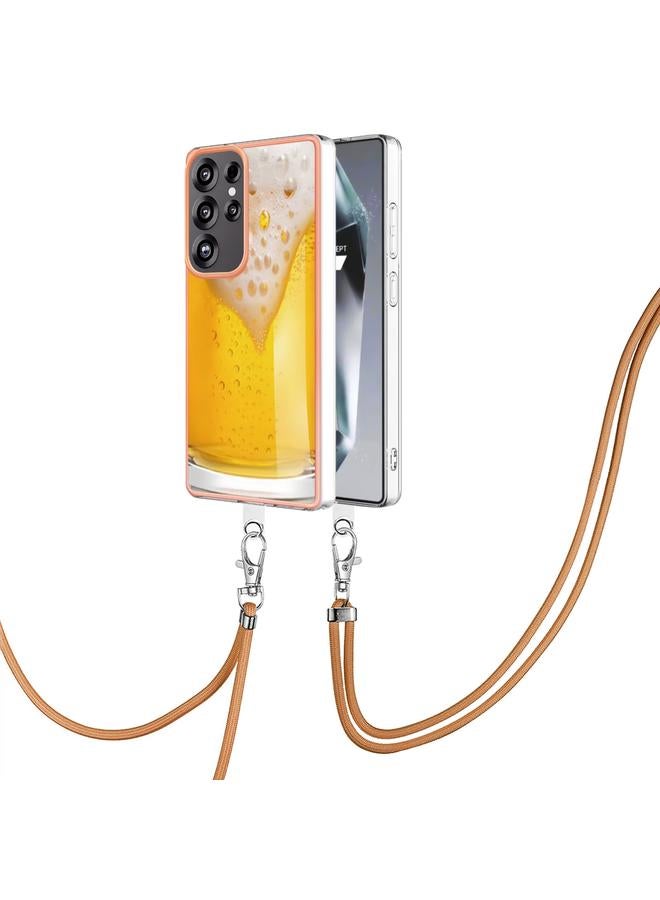 The Bros Case For Samsung Galaxy S25 Ultra 5G Electroplating IMD Splicing Dual-side Marble TPU Phone Case with Lanyard