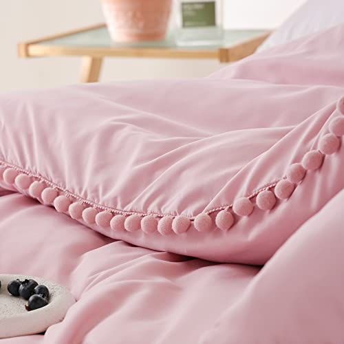 YIRDDEO Twin Comforter Set - Comforter Twin Size Bed with Ball Pom Fringe, Soft Bedding Set for All Seasons - 2 Pieces, 1 Comforter (66"x90") & 1 Pillow Sham(20"x26"), Dust Pink - Image 5