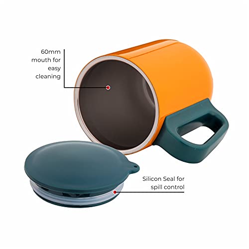 DUBBLIN Polo Stainless Steel Unbreakable Tea Coffee Mug Double Wall with Handle and Lid, Wide Mouth Mug Keeps Beverages Hot & Cold 270 ML Orange - Image 4