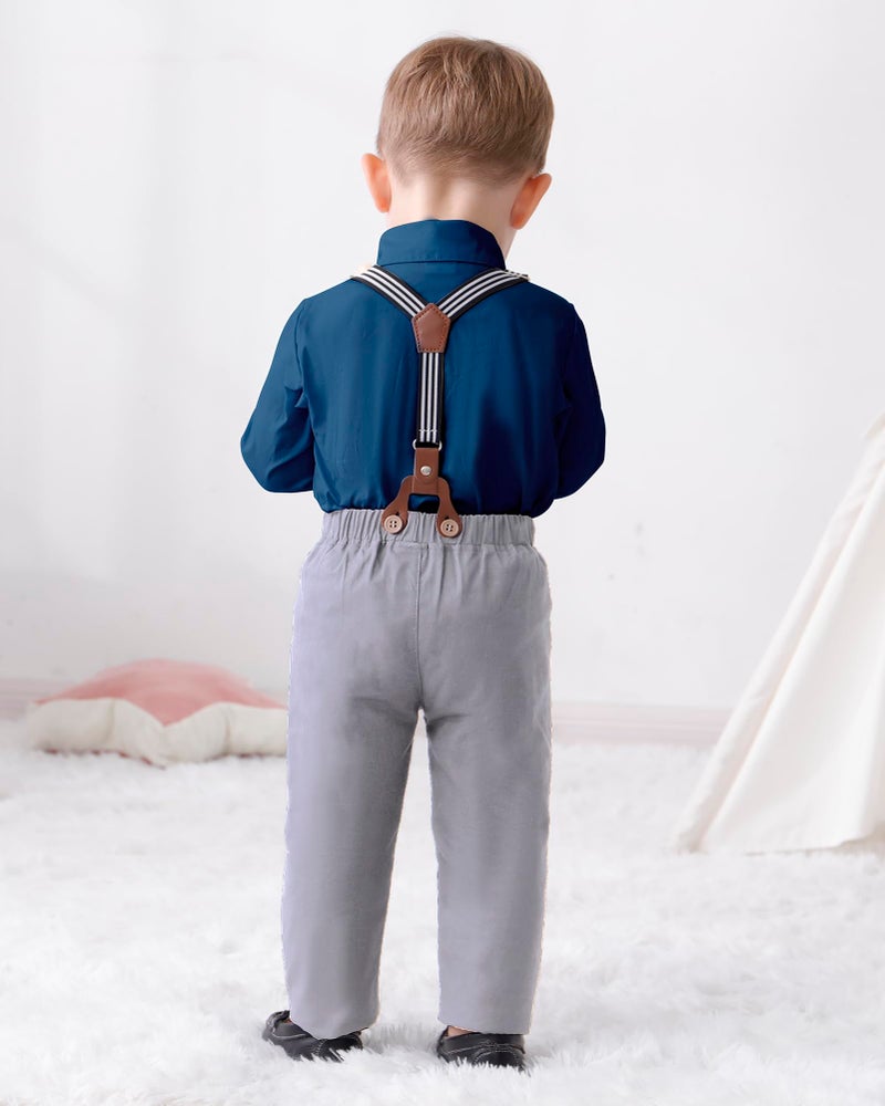 DISAUR Toddler Boy Dress Clothes Long Sleeve Dark Blue Grey Dress Shirt Bow Tie Suspender Pants Toddler Outfits For Boys 18 Months 2t 24 Months - Image 4