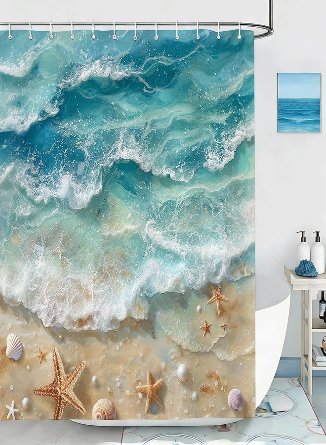Mocsicka Ocean Beach Shower Curtain for Bathroom Coastal Sea Wave Shower Curtain Waterproof Fabric Beach Conch Starfish Ocean Bathroom Decor Accessories 72 X 72 Inch - Image 1