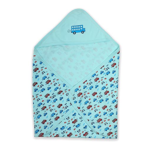 Luv Lap LuvLap Soft 100% Cotton Hooded Wrapper Cum Warm, Blanket, for New Born Baby to 3 Year Old, 75cmx75cm, Bus Print (Sky Blue)(Lightweight;Breathable;Skin Friendly) - Image 1