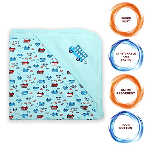 Luv Lap LuvLap Soft 100% Cotton Hooded Wrapper Cum Warm, Blanket, for New Born Baby to 3 Year Old, 75cmx75cm, Bus Print (Sky Blue)(Lightweight;Breathable;Skin Friendly) - Image 2