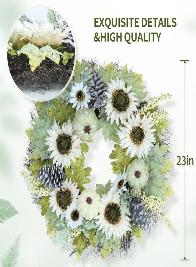 Huadanbor Summer Wreaths for Front Door, 24 inch Summer Wreath, Sunflowers and Pumpkin Fall Wreath for Front Door, Fall Wreaths for Indoors,Outdoors,Corridors, Offices. (Green) - Image 2