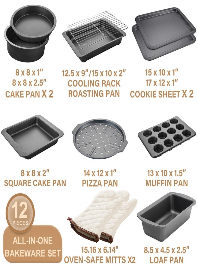 HONGBAKE Bakeware Sets, Baking Pans Set with Kitchen Oven Mitts, Nonstick Oven Pan for Kitchen with Wider Grips, 12-Piece Including Rack, Cookie Sheet, Cake Pans, Loaf Pan, Muffin Pizza Pan - Image 3