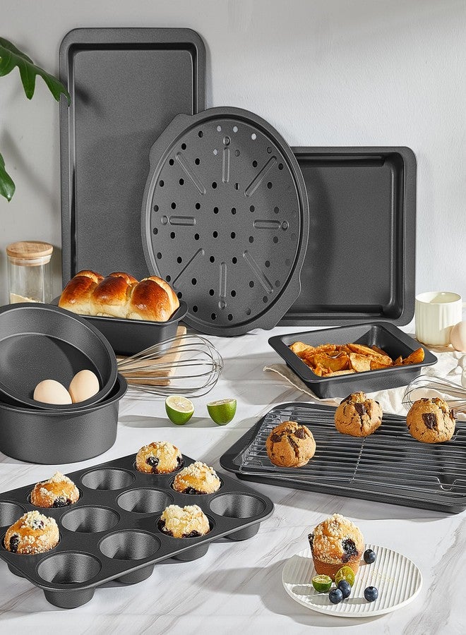 HONGBAKE Bakeware Sets, Baking Pans Set with Kitchen Oven Mitts, Nonstick Oven Pan for Kitchen with Wider Grips, 12-Piece Including Rack, Cookie Sheet, Cake Pans, Loaf Pan, Muffin Pizza Pan - Image 2