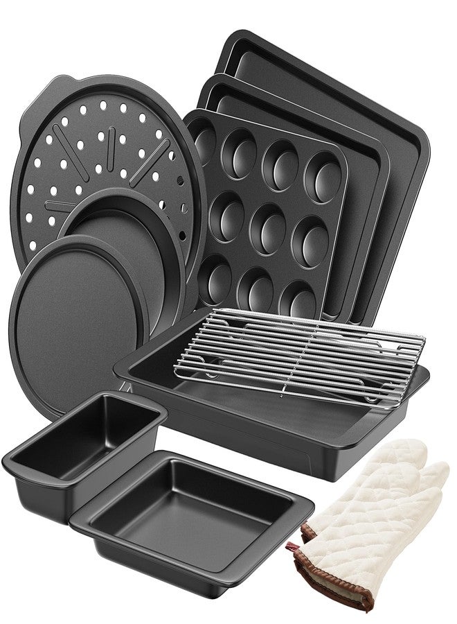 HONGBAKE Bakeware Sets, Baking Pans Set with Kitchen Oven Mitts, Nonstick Oven Pan for Kitchen with Wider Grips, 12-Piece Including Rack, Cookie Sheet, Cake Pans, Loaf Pan, Muffin Pizza Pan - Image 1
