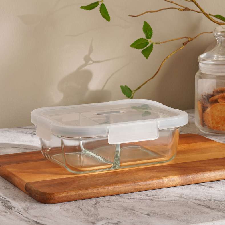 Pan Home Superior Leakproof 2 Compartment Glass Rectangular Food Container 1.04L -Clear & Grey