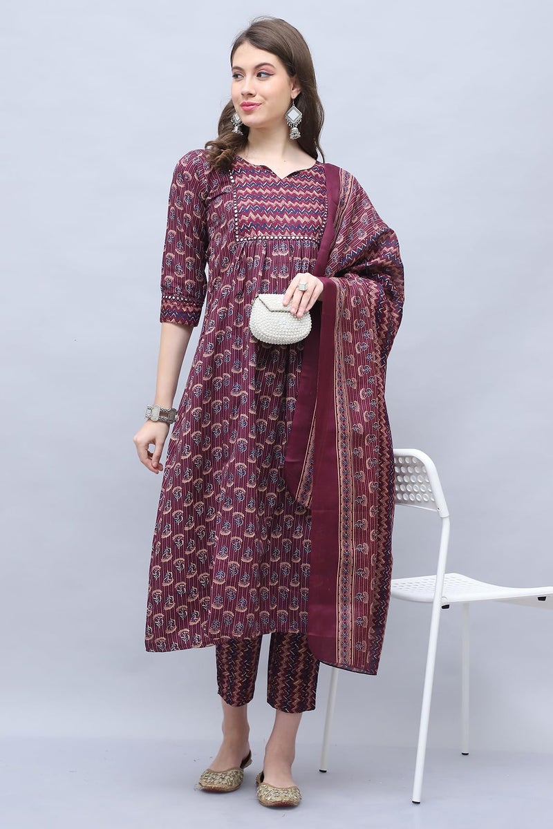 Rajnandini Women's Cotton Blend Jaipuri Printed Kurta & Pant with Dupatta (JOPLST218-3XL_Wine & Beige_3XL) - Image 5