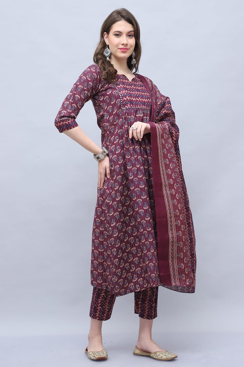 Rajnandini Women's Cotton Blend Jaipuri Printed Kurta & Pant with Dupatta (JOPLST218-3XL_Wine & Beige_3XL) - Image 4