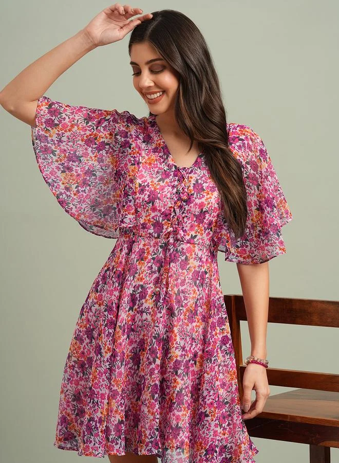 Floral Print V-Neck Flared Sleeves Mini Dress