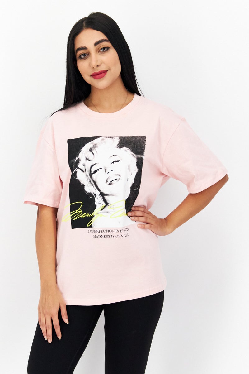 Marilyn Monroe Women Crew Neck Short Sleeve Graphic Print T Shirt, Pink Combo - Image 1