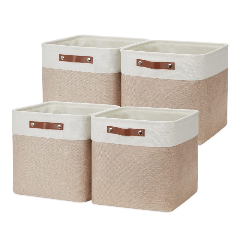 DULLEMELO Cube Storage Bins  4 Pack Foldable Large Storage Baskets 12 inch Gifts Empty Fabric Bins for Home Office Cubes Organizer Closet Shelves Toy Nursery 4 Pack  12 WhiteKhaki
