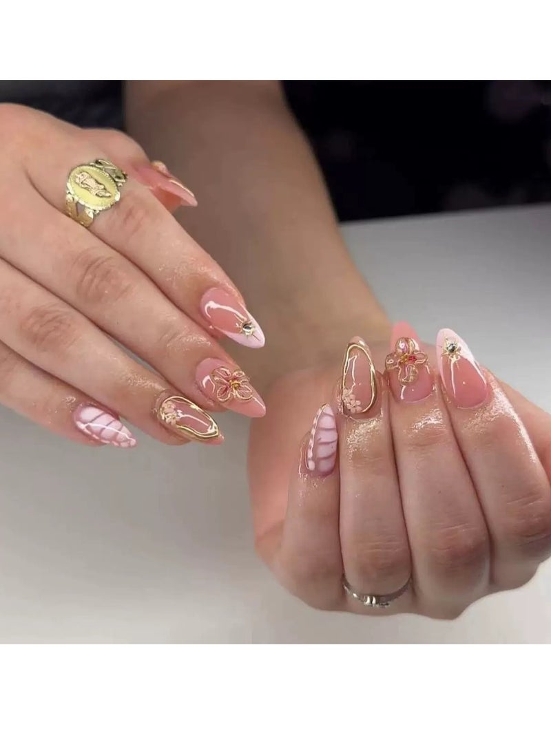 جوسكوين أظافر صناعية لاصقة 24 قطعة، تصميم أظافر جديد باللون الوردي بنمط التمساح الفرنسي، أطراف أظافر قابلة للإزالة ومخصصة، مزينة بزخارف لامعة وتصميم زهور ثلاثي الأبعاد، أظافر أكريليك صناعية مع مجموعة لاصقة. - Image 1