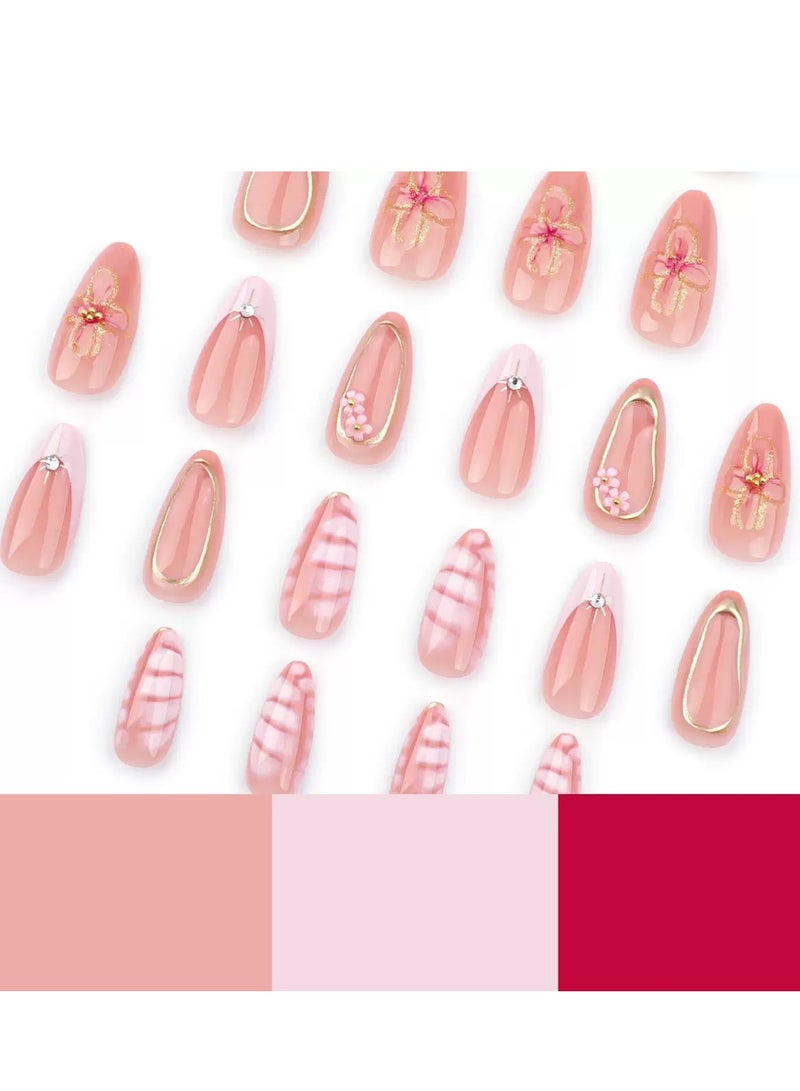 جوسكوين أظافر صناعية لاصقة 24 قطعة، تصميم أظافر جديد باللون الوردي بنمط التمساح الفرنسي، أطراف أظافر قابلة للإزالة ومخصصة، مزينة بزخارف لامعة وتصميم زهور ثلاثي الأبعاد، أظافر أكريليك صناعية مع مجموعة لاصقة. - Image 2