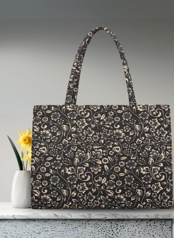 LIKE STYLE Women’s Tote Bag | Ethnic Print Canvas Handbag with Zipper Closure & Spacious Compartments (Black) - Image 4