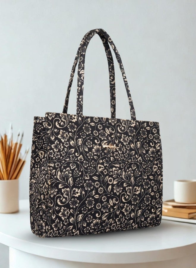 LIKE STYLE Women’s Tote Bag | Ethnic Print Canvas Handbag with Zipper Closure & Spacious Compartments (Black) - Image 3