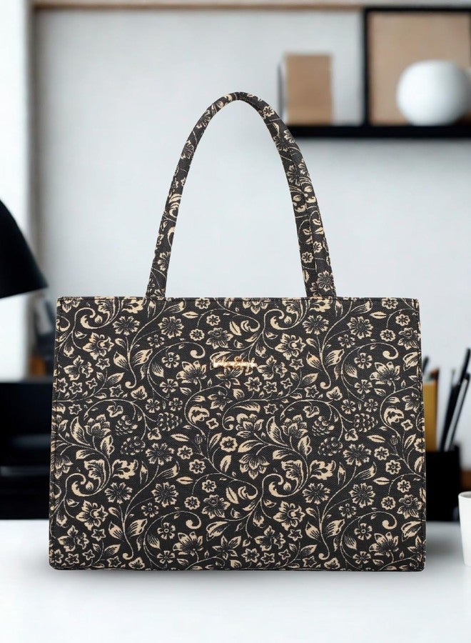 LIKE STYLE Women’s Tote Bag | Ethnic Print Canvas Handbag with Zipper Closure & Spacious Compartments (Black) - Image 2