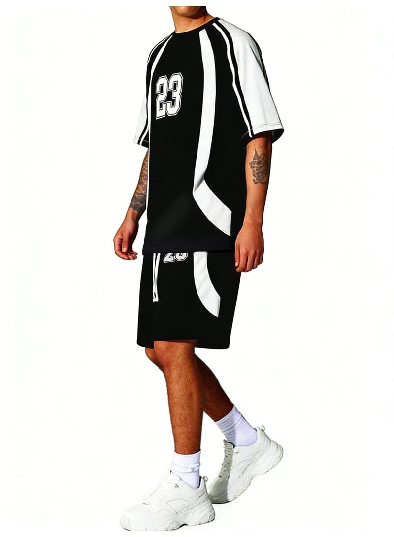 Men's Athletic 2-Piece Sets Contrast Panel Short Sleeve T-Shirt and Shorts Sportswear Outfit - Image 3
